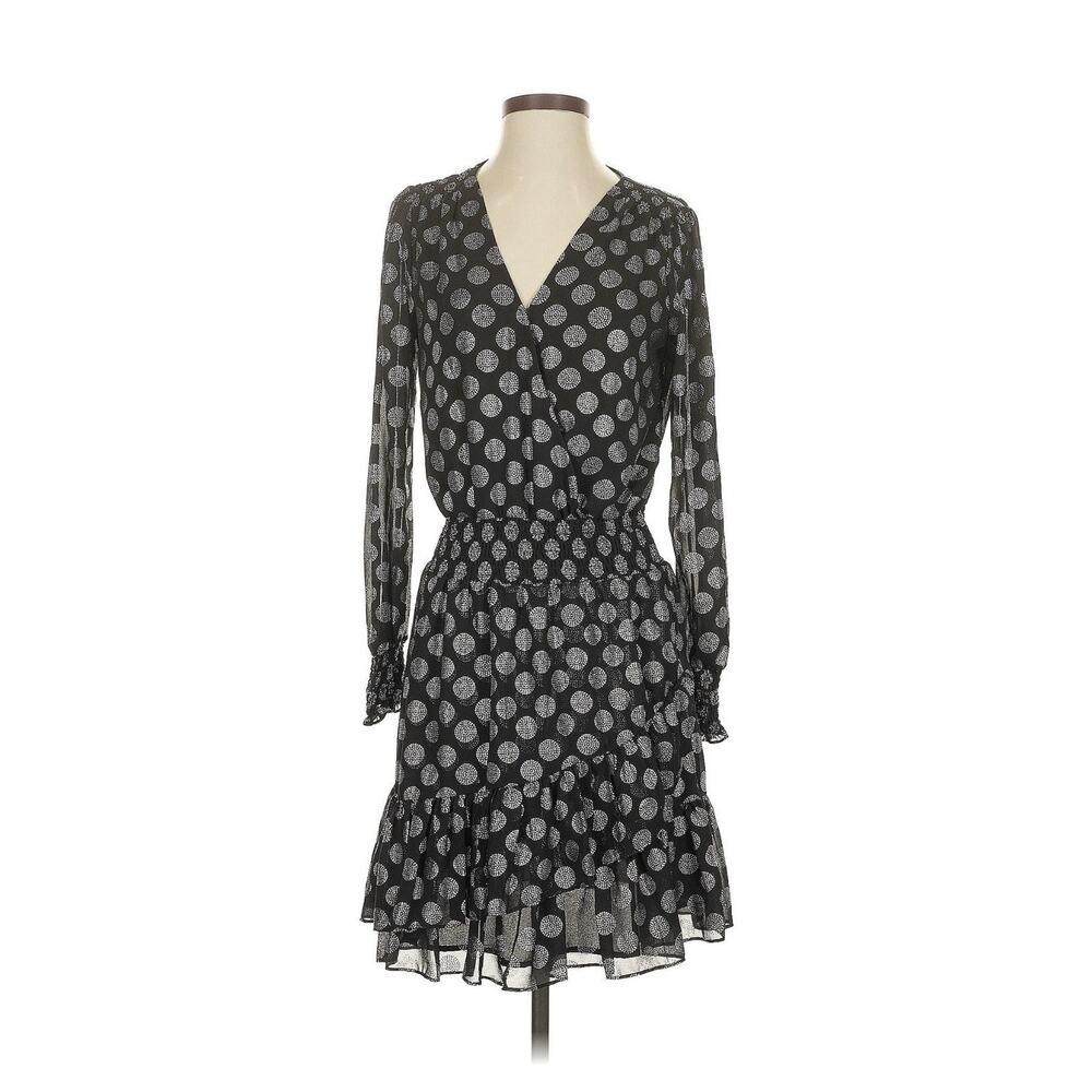 Michael Kors Black Polka Dot Wrap Dress Size S Sheer Sleeve Ruffle Hem Mini